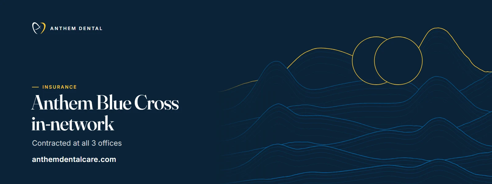 Illustrated night-blue banner of flowing contour lines for Anthem Dental, Anthem Blue Cross plan page