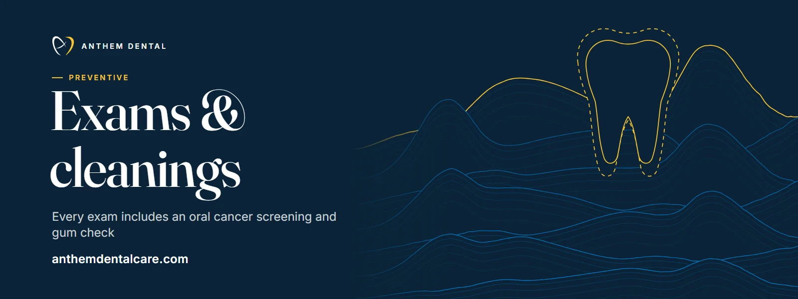 Illustrated night-blue banner of flowing contour lines for Anthem Dental, exams and cleanings page