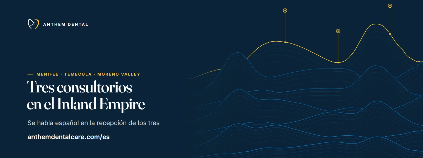 Banner ilustrado en azul noche con líneas de contorno de Anthem Dental, página de nuestros consultorios