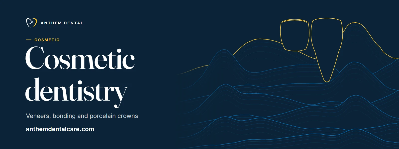 Illustrated night-blue banner of flowing contour lines for Anthem Dental, cosmetic dentistry page