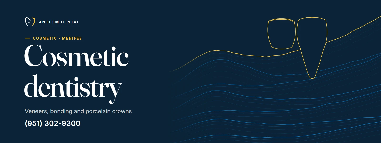 Illustrated night-blue banner of flowing contour lines for Anthem Dental Menifee, cosmetic dentistry page