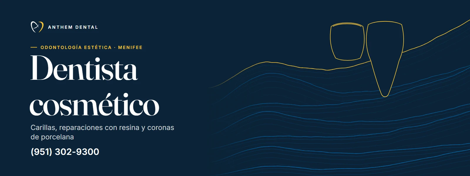 Banner ilustrado en azul noche con líneas de contorno de Anthem Dental Menifee, página de odontología estética