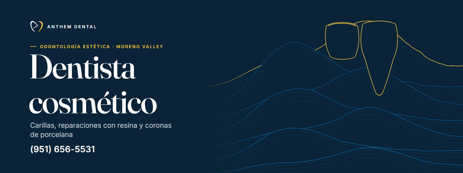 Banner ilustrado en azul noche con líneas de contorno de Anthem Dental Moreno Valley, página de odontología estética