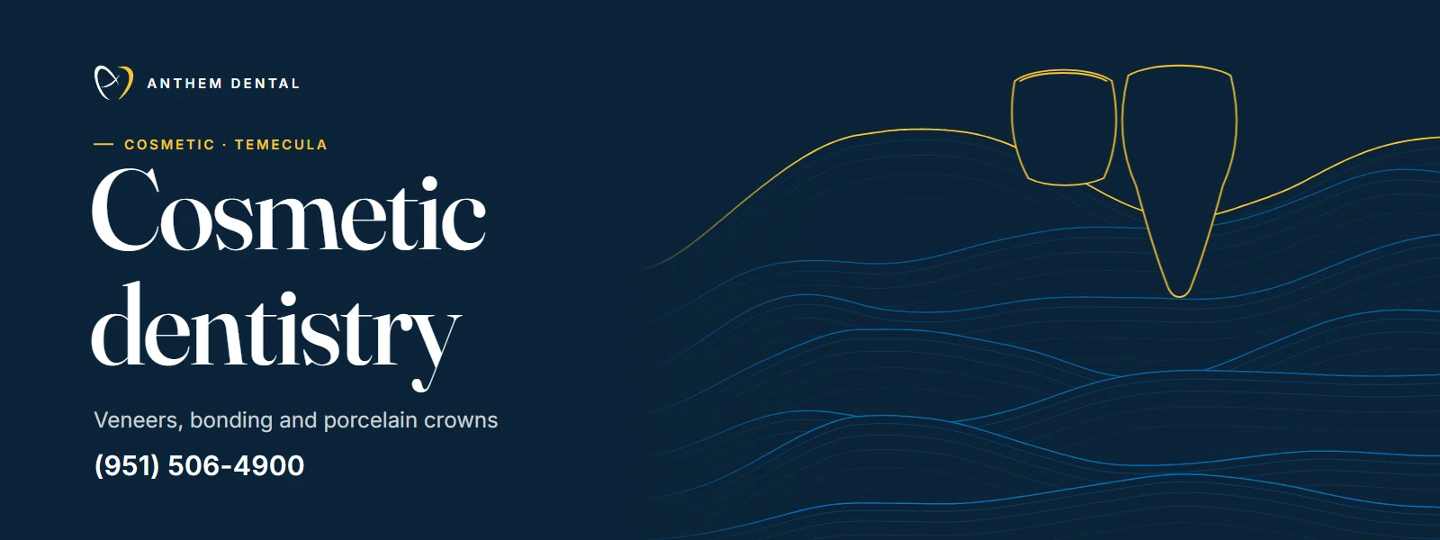 Illustrated night-blue banner of flowing contour lines for Anthem Dental Temecula, cosmetic dentistry page