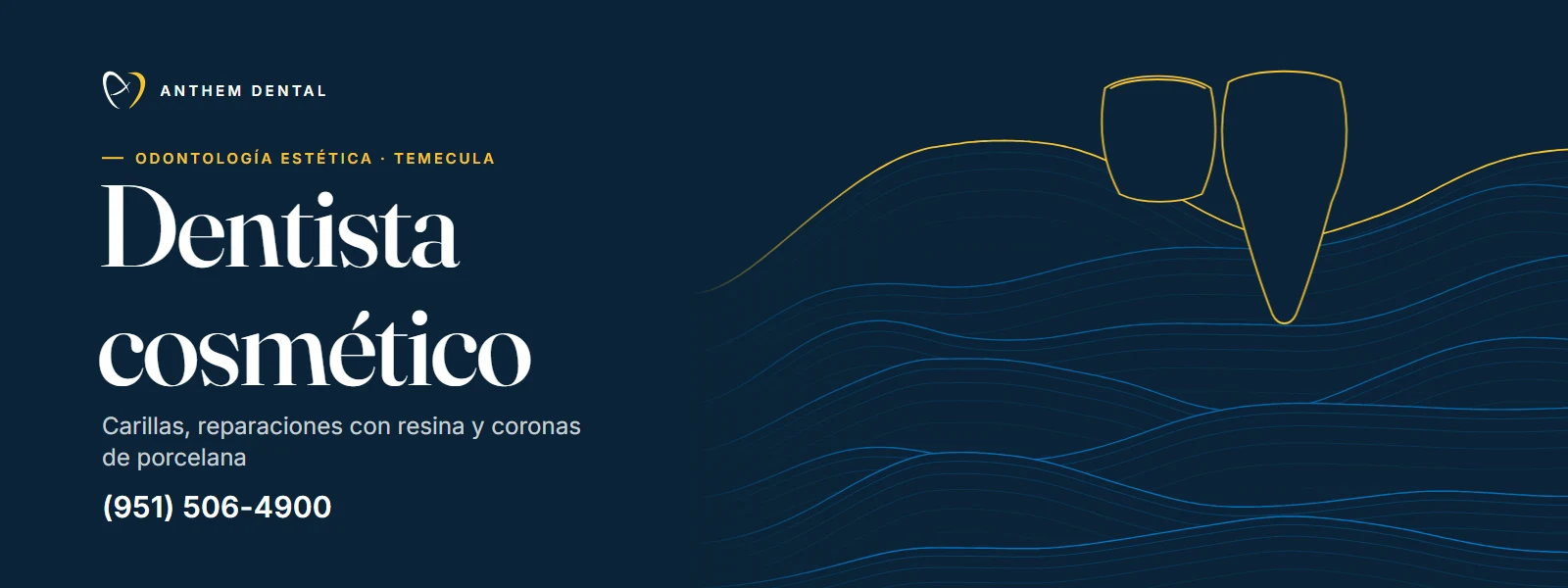 Banner ilustrado en azul noche con líneas de contorno de Anthem Dental Temecula, página de odontología estética