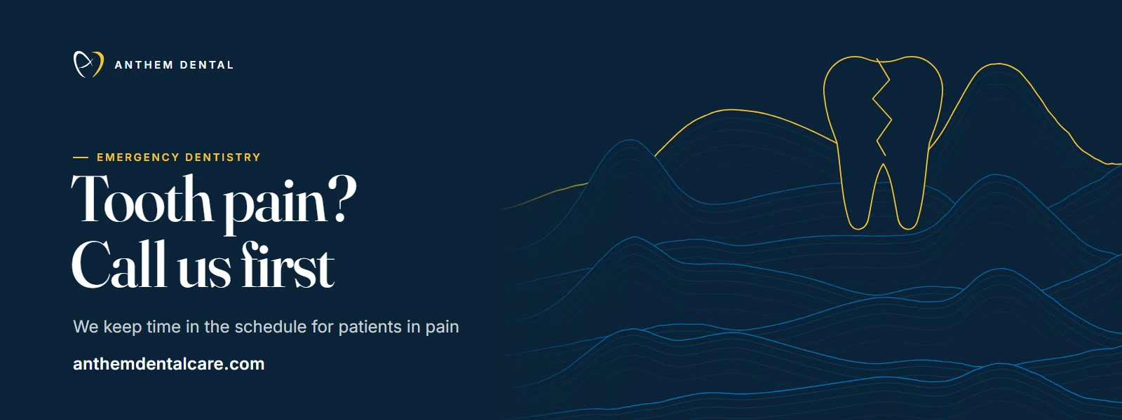 Illustrated night-blue banner of flowing contour lines for Anthem Dental, dental emergency page
