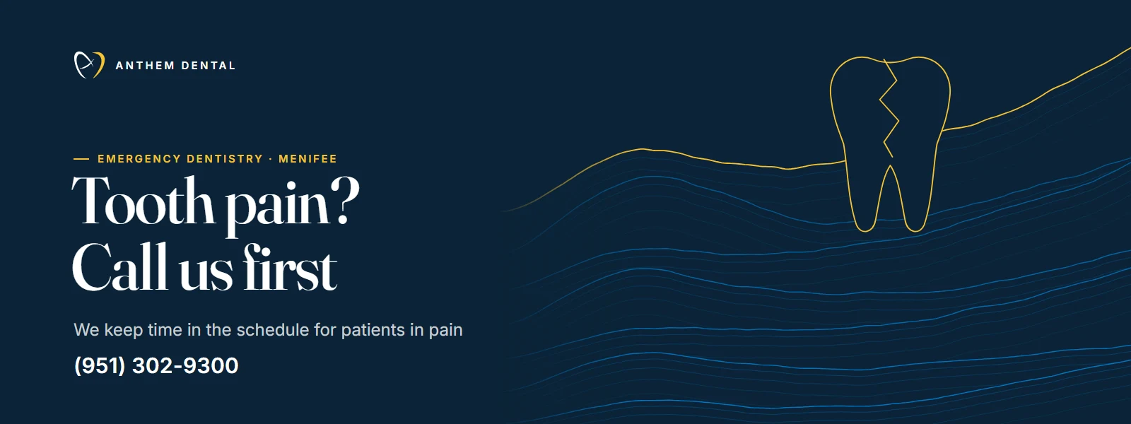 Illustrated night-blue banner of flowing contour lines for Anthem Dental Menifee, dental emergency page