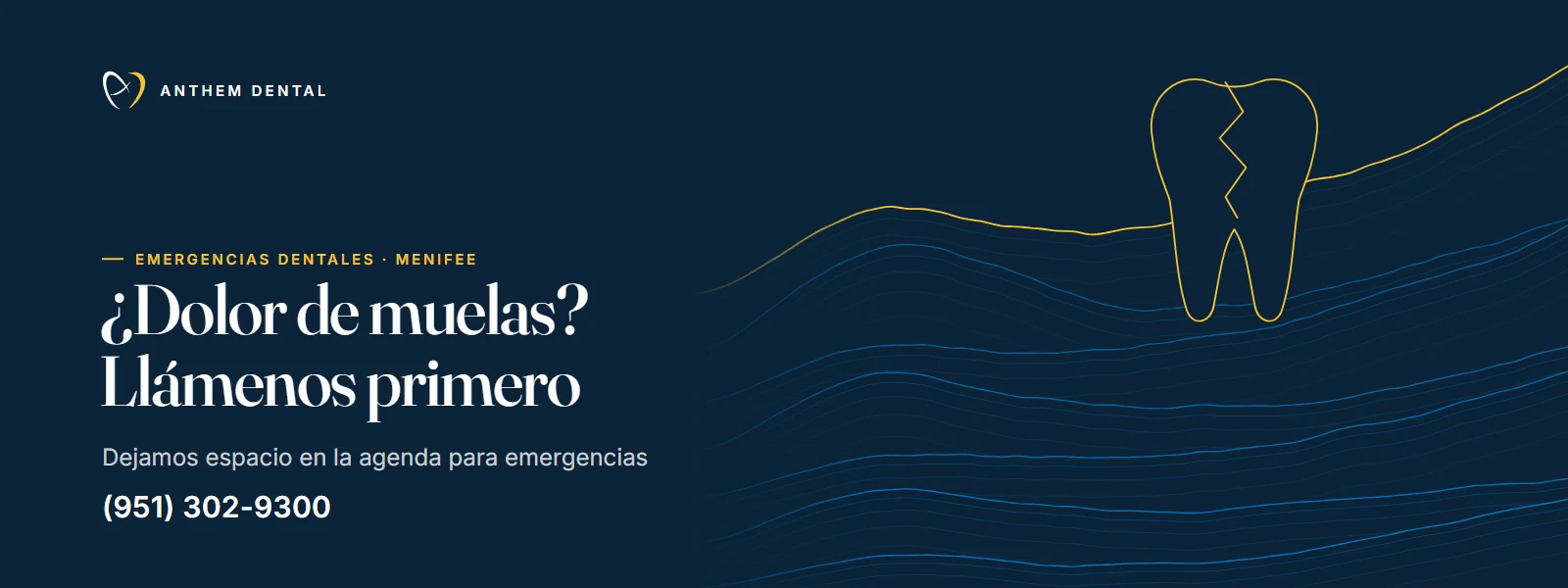 Banner ilustrado en azul noche con líneas de contorno de Anthem Dental Menifee, página de emergencias dentales