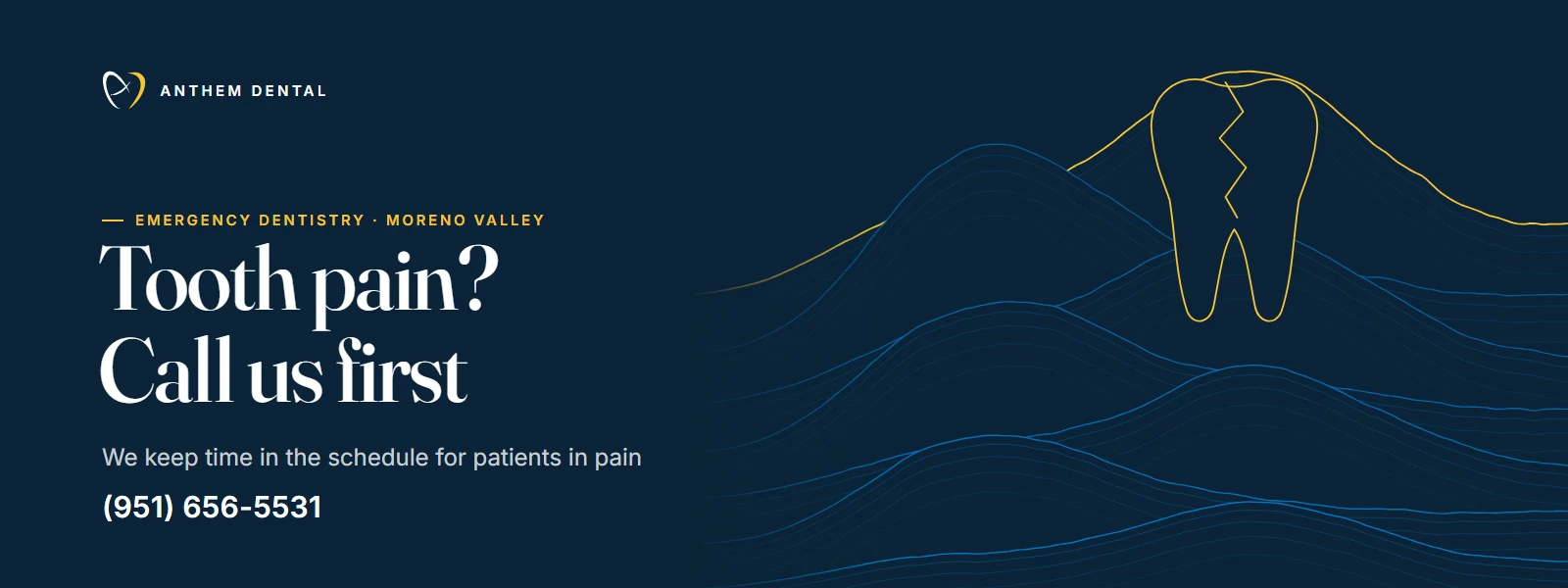 Illustrated night-blue banner of flowing contour lines for Anthem Dental Moreno Valley, dental emergency page