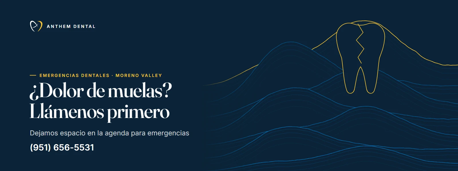 Banner ilustrado en azul noche con líneas de contorno de Anthem Dental Moreno Valley, página de emergencias dentales