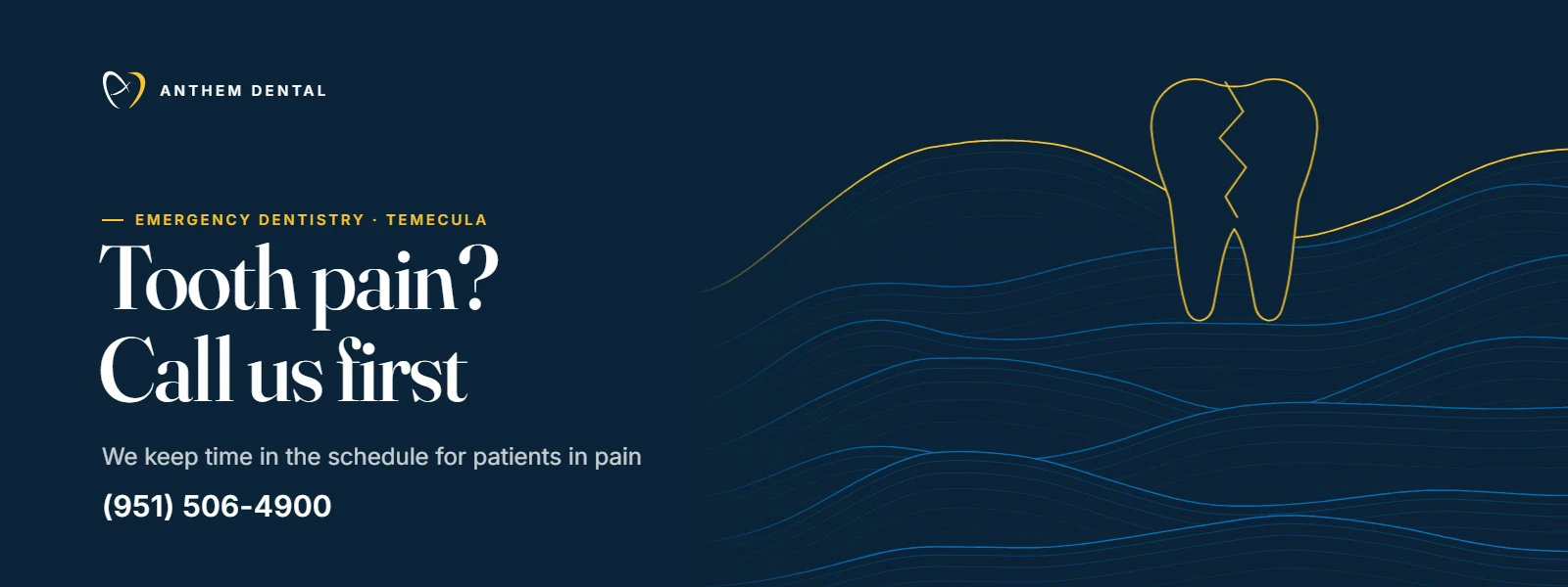 Illustrated night-blue banner of flowing contour lines for Anthem Dental Temecula, dental emergency page