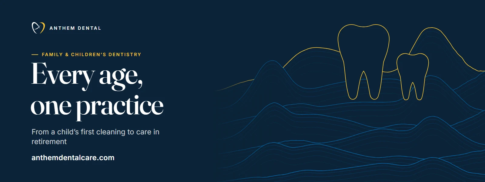 Illustrated night-blue banner of flowing contour lines for Anthem Dental, family dentistry page