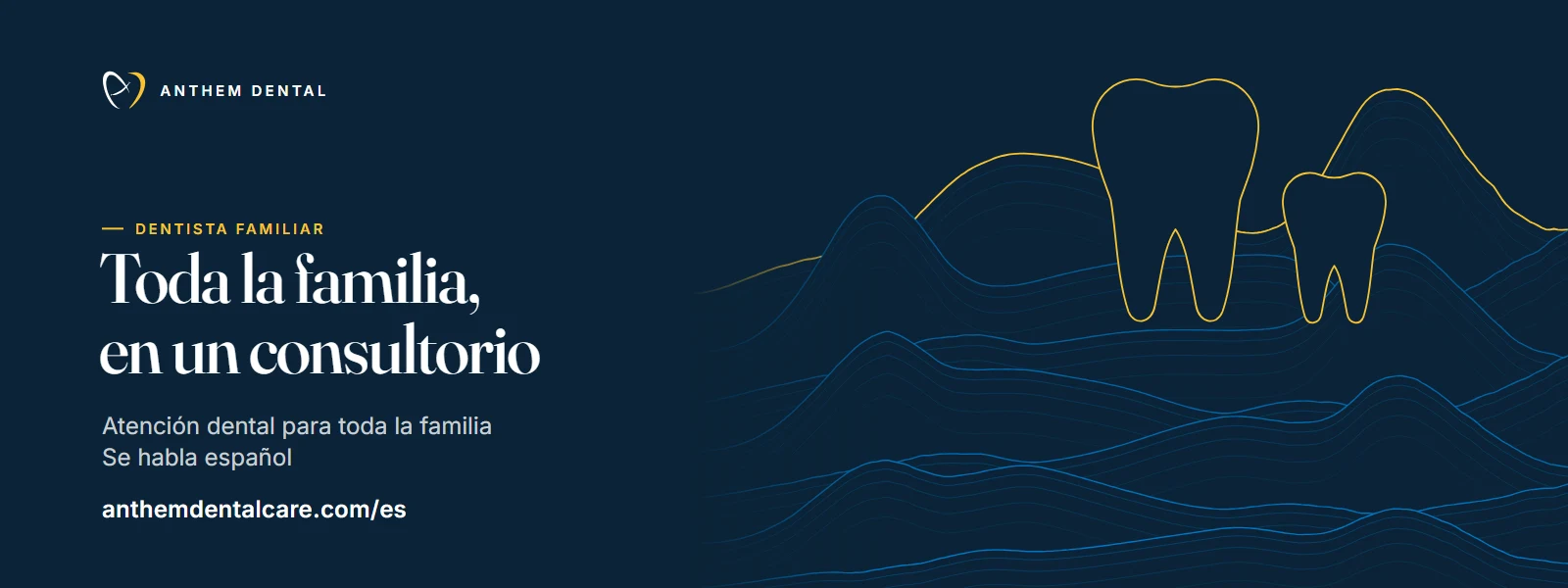 Banner ilustrado en azul noche con líneas de contorno de Anthem Dental, página del dentista familiar