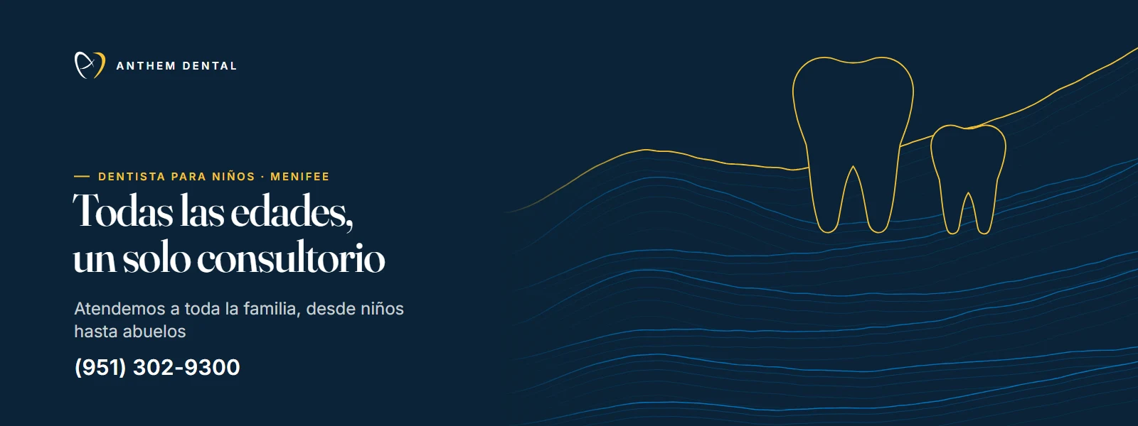 Banner ilustrado en azul noche con líneas de contorno de Anthem Dental Menifee, página del dentista para niños