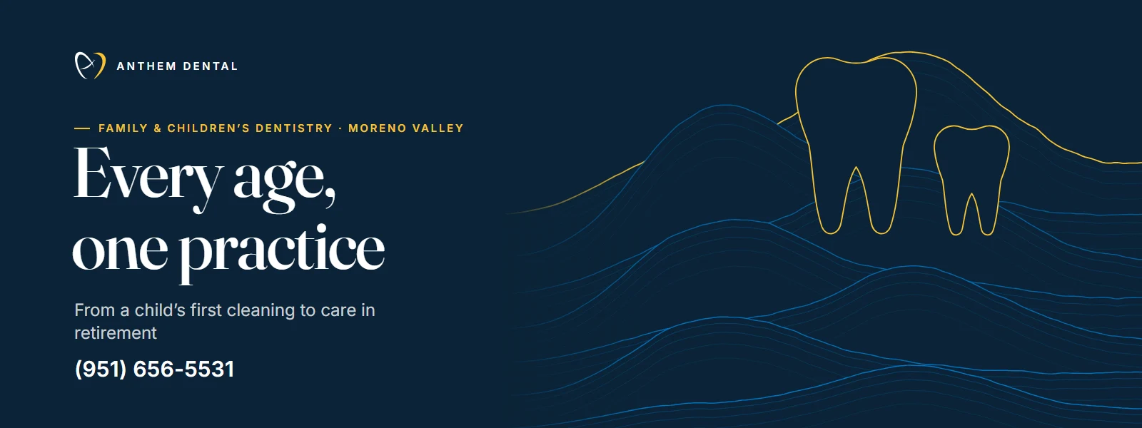 Illustrated night-blue banner of flowing contour lines for Anthem Dental Moreno Valley, family dentistry page