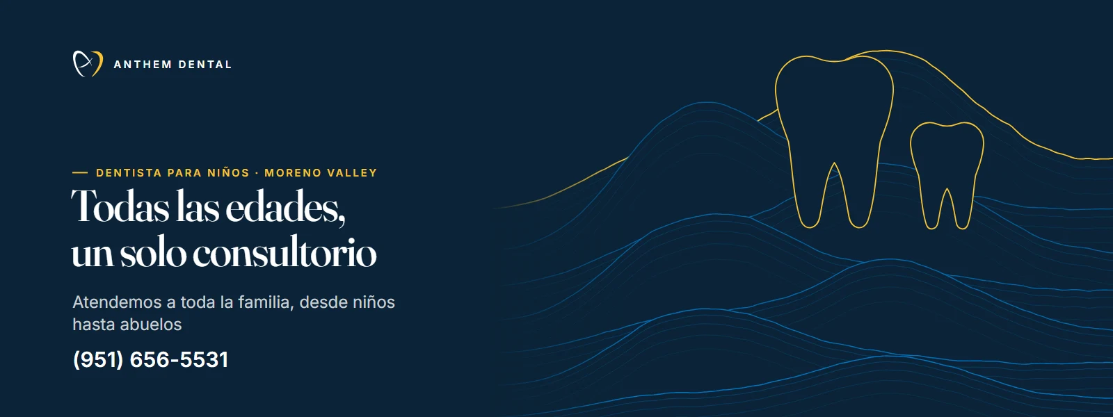 Banner ilustrado en azul noche con líneas de contorno de Anthem Dental Moreno Valley, página del dentista para niños
