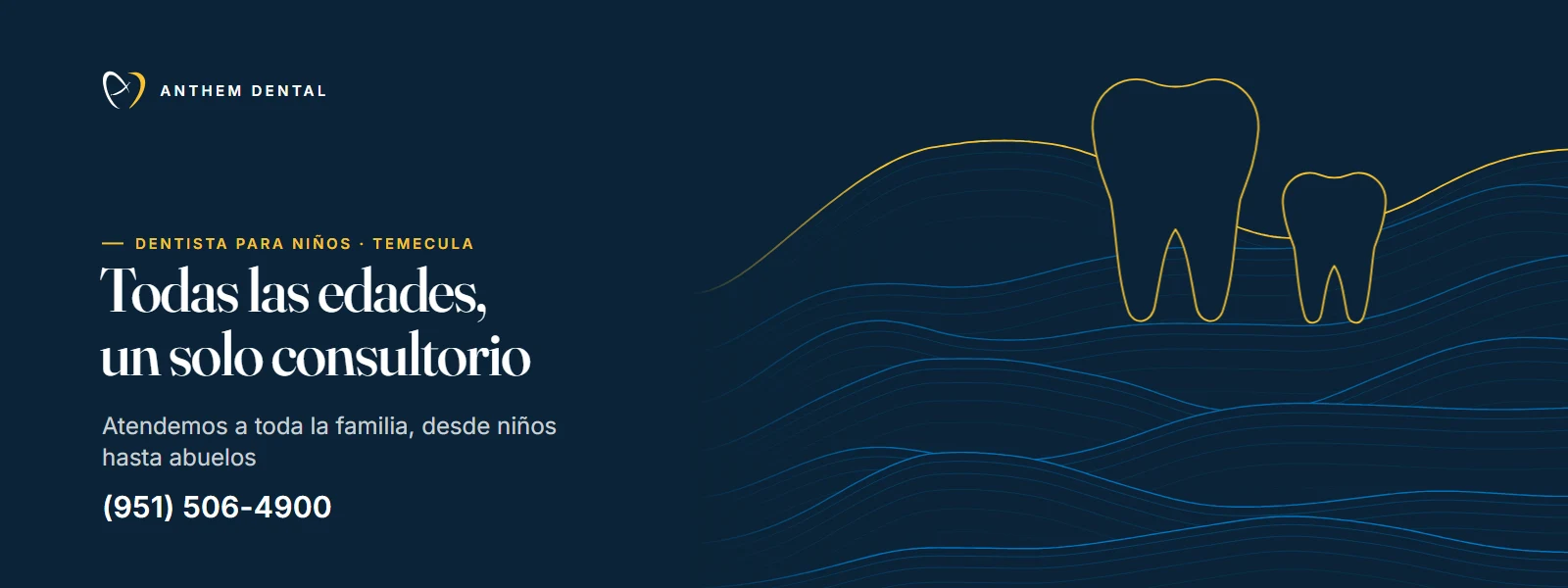 Banner ilustrado en azul noche con líneas de contorno de Anthem Dental Temecula, página del dentista para niños