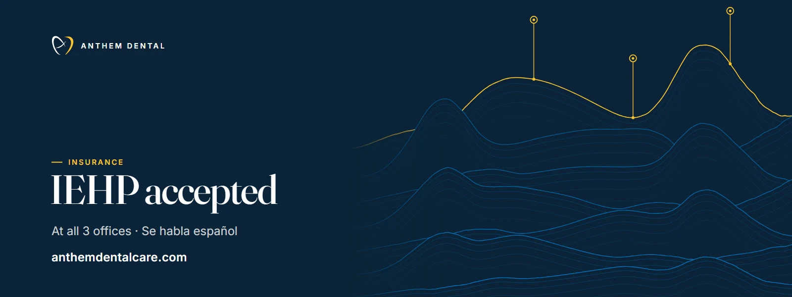 Illustrated night-blue banner of flowing contour lines for Anthem Dental, IEHP plan page