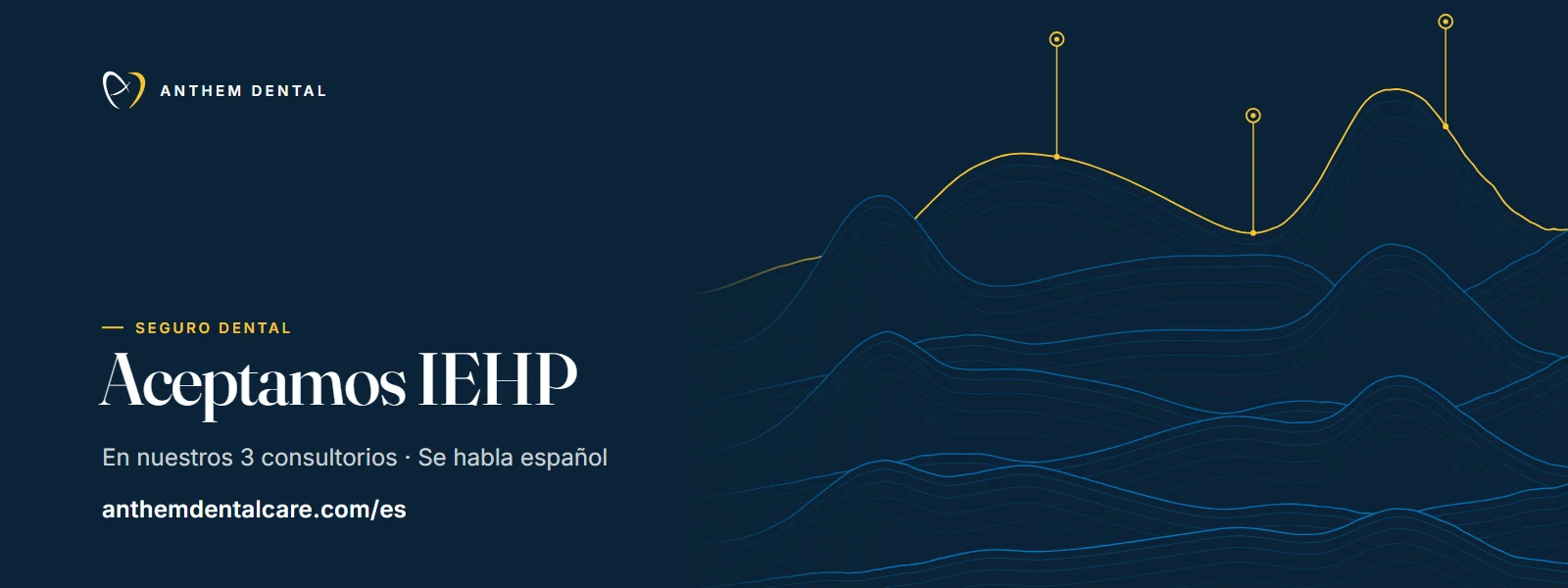 Banner ilustrado en azul noche con líneas de contorno de Anthem Dental, página del plan IEHP