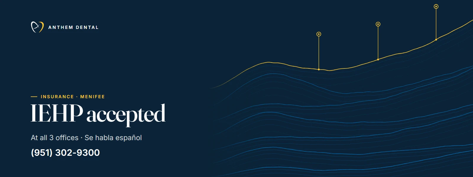 Illustrated night-blue banner of flowing contour lines for Anthem Dental Menifee, IEHP plan page