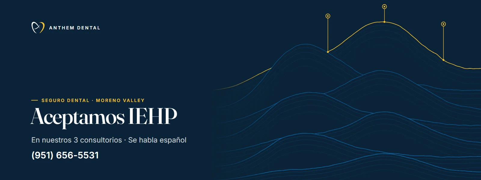 Banner ilustrado en azul noche con líneas de contorno de Anthem Dental Moreno Valley, página del plan IEHP
