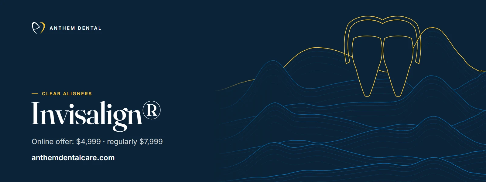 Illustrated night-blue banner of flowing contour lines for Anthem Dental, clear aligners page