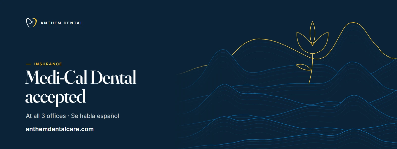 Illustrated night-blue banner of flowing contour lines for Anthem Dental, Medi-Cal Dental page