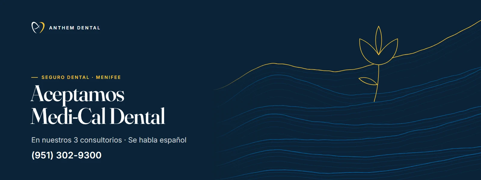 Banner ilustrado en azul noche con líneas de contorno de Anthem Dental Menifee, página de Medi-Cal Dental