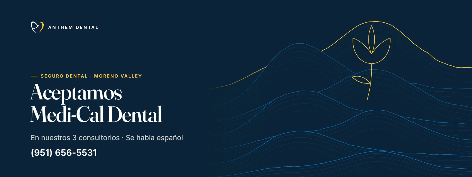 Banner ilustrado en azul noche con líneas de contorno de Anthem Dental Moreno Valley, página de Medi-Cal Dental