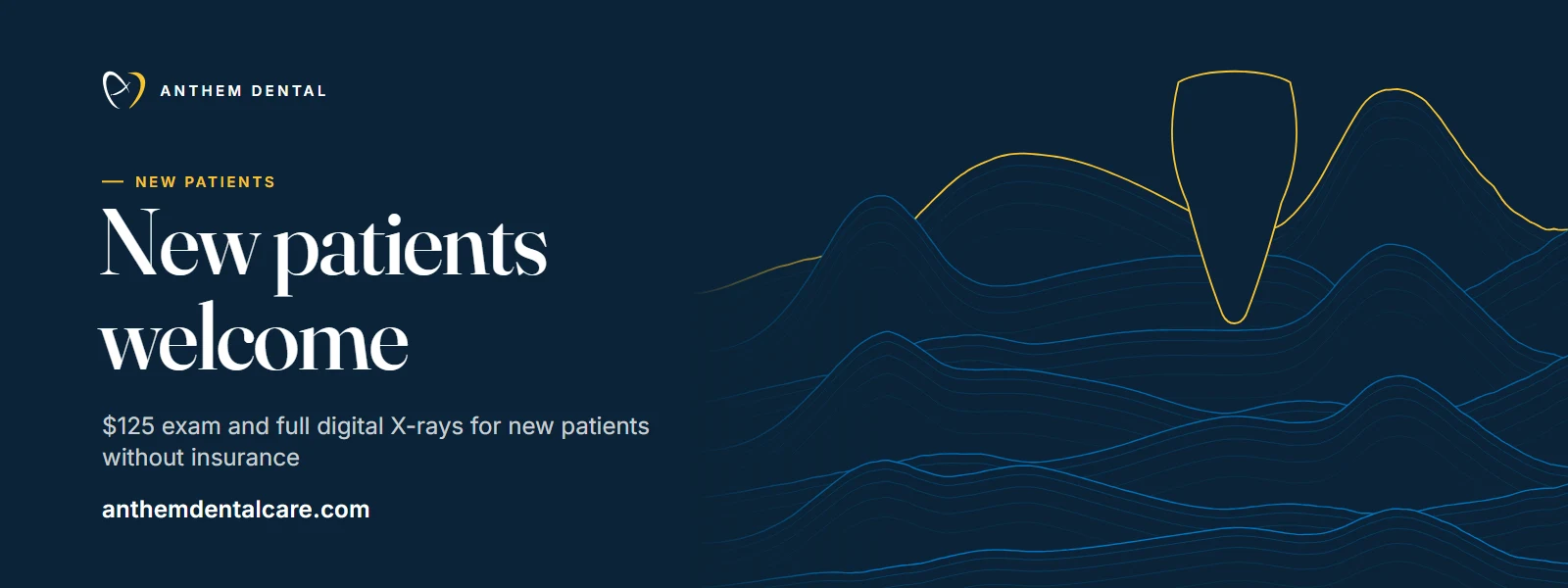 Illustrated night-blue banner of flowing contour lines for Anthem Dental, new patient page