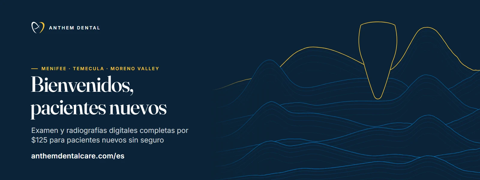 Banner ilustrado en azul noche con líneas de contorno de Anthem Dental, página para pacientes nuevos