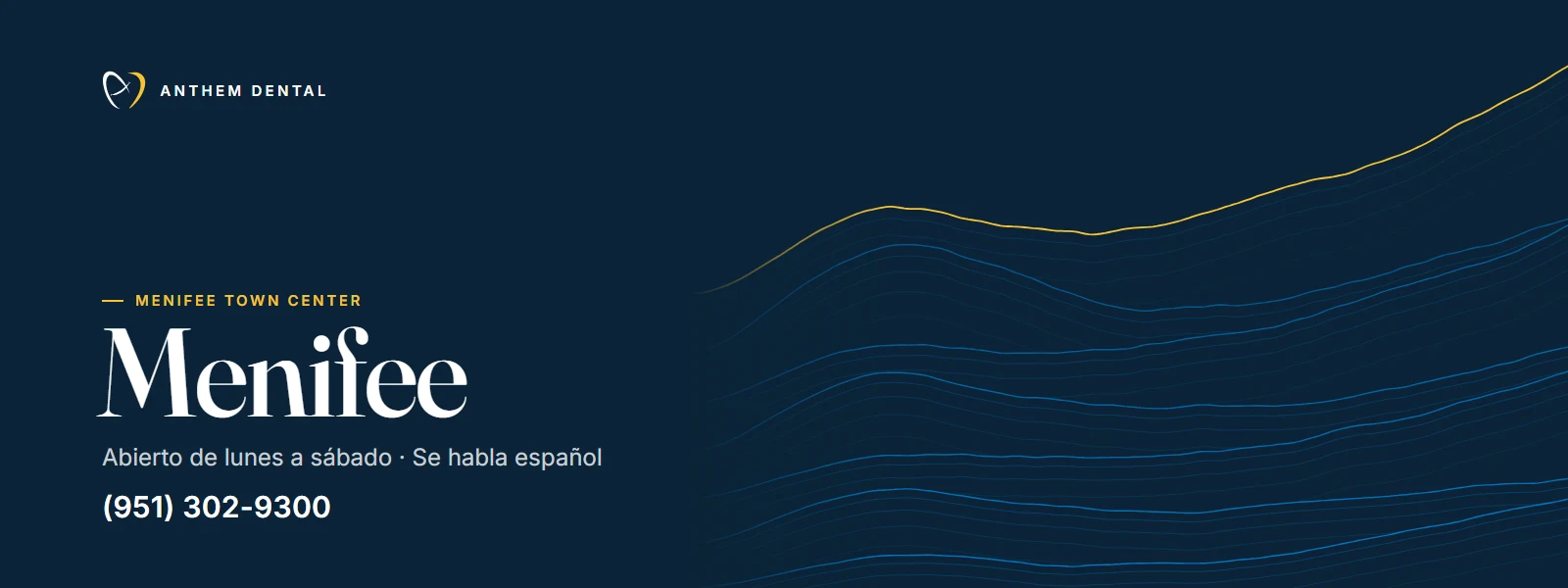 Banner ilustrado en azul noche con líneas de contorno del consultorio de Anthem Dental Menifee