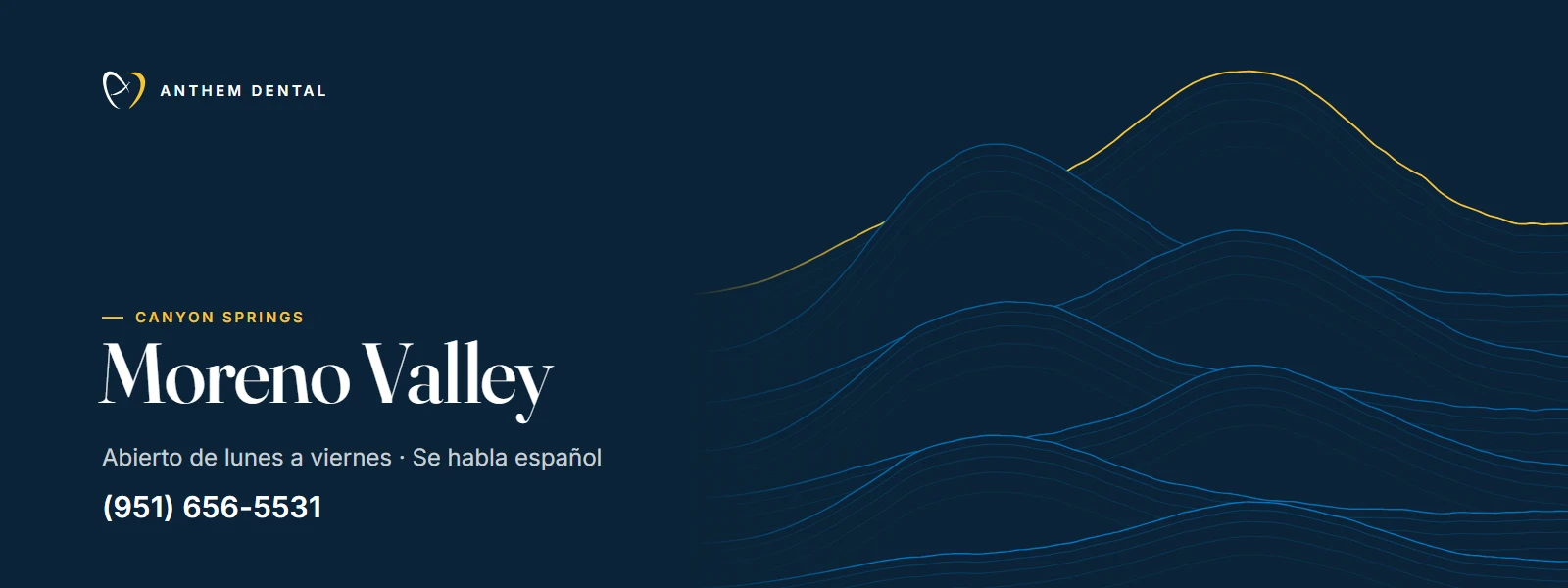 Banner ilustrado en azul noche con líneas de contorno del consultorio de Anthem Dental Moreno Valley