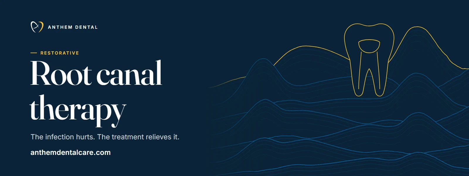 Illustrated night-blue banner of flowing contour lines for Anthem Dental, root canal page