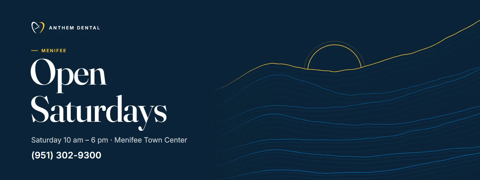 Illustrated night-blue banner of flowing contour lines for Anthem Dental Menifee, Saturday hours page