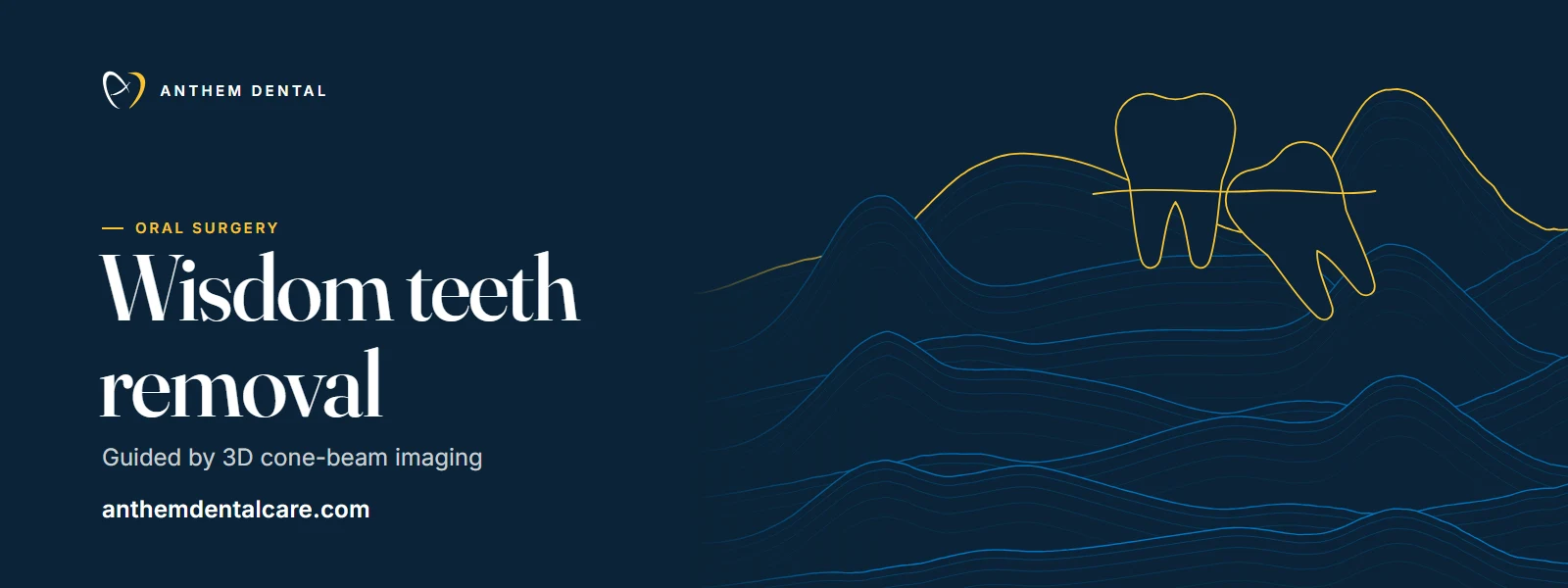 Illustrated night-blue banner of flowing contour lines for Anthem Dental, wisdom teeth page