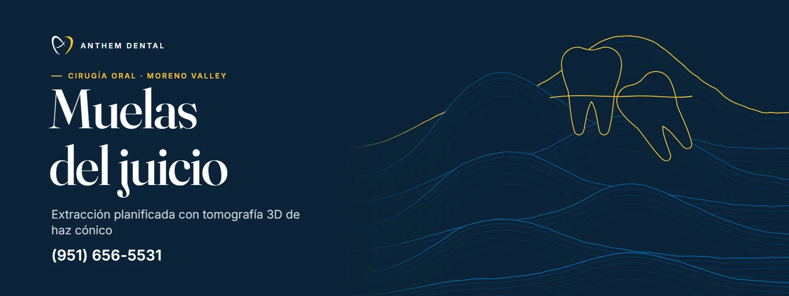 Banner ilustrado en azul noche con líneas de contorno de Anthem Dental Moreno Valley, página de muelas del juicio