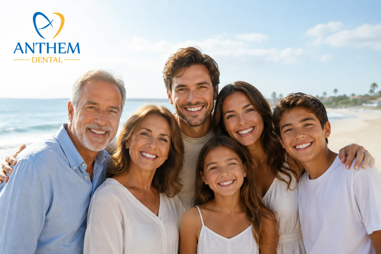 A smiling multi-generation family together at the beach