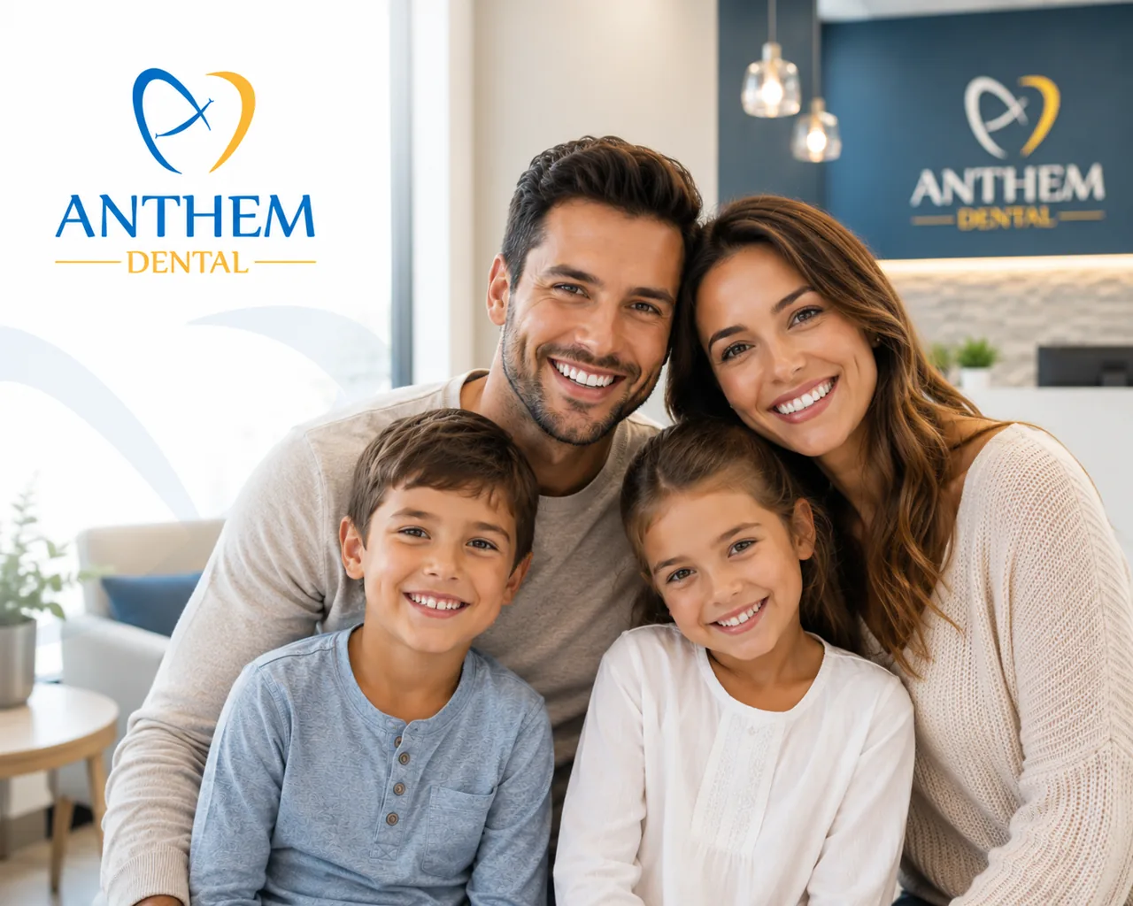 A smiling family of four in a bright dental office lobby